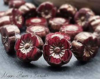 6 or 12 HAWAII flower beads 8 mm - table cut - Bordeaux with bronze - tiny hibiscus blossoms - very noble color - B_635
