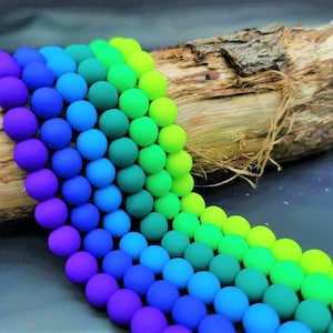 84 Stk. NEON runde Glasperlen 8mm, Loch 0,8mm - Seidenglas - Matt - 6  &quot;kalte&quot; Farben als Perlenset -Leuchtende Perlen - Glühen in UV