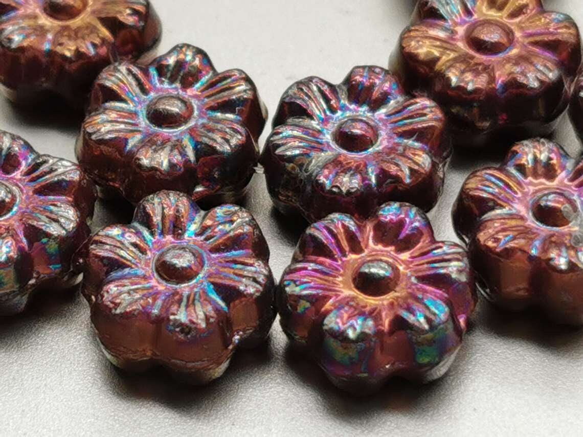 10 HAWAIIAN FLOWERS 8 mm - Bohemian glass - double-sided - Bronze Nebula - pressed beads - blossoms - Hibiscus - rare color - B_1220
