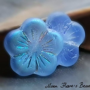 May include: Two blue glass flower-shaped beads with a starburst design. The beads have a frosted finish and iridescent shimmer.