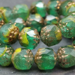 6 or 12 CATHEDRAL BAROQUE beads 8 mm - Emerald Opal + Chartreuse Opaque with Bronze Cap - Faceted - Bols Beads CZ_1138