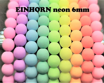 108 Bohemian UNICORN neon pastel round glass beads 6 mm - silk glass - matt - 9 colors as a BEAD SET - bright colors - UV-active