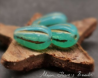 6 Bohemian Melon Drops 13 x 8 mm - Pear - Teardrop - Aqua Opal with Bronze - grooved - Glass Drops - B_620