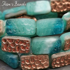 4 Bohemian Maritime Rectangles 16 x 9 mm - Matte - Aqua Opal, Caribbean Blue Transparent, White with Copper on one side - Premium Czech Beads