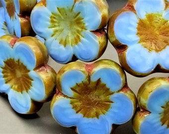 1 Hibiscus Bead 22 mm - Table Cut Moonlight Blue with Picasso Finish - Bohemian Glass Bead - Boho - Coin - Flower - B_86