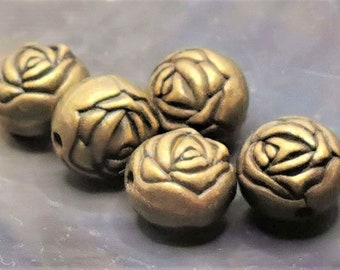 5 filigree rose beads 12 mm - bronze colored - rose petals - double-sided - heavy beads - spacers - ethnic intermediate beads