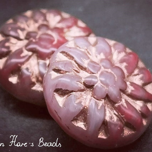 4 DAHLIA beads 14 mm dusty rose and rose red opaque with rose gold rare glass beads