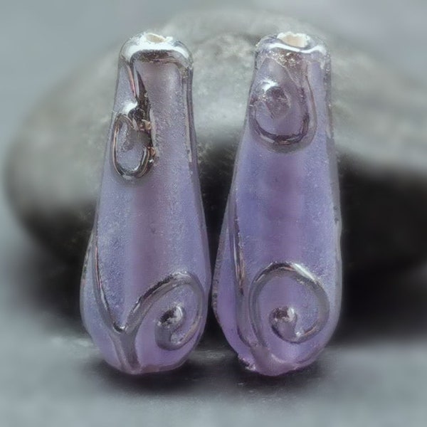 Pair of lampwork drops for romantic earrings - approx. 23 x 8 mm - light purple pearlescent with silver - translucent - LW_9