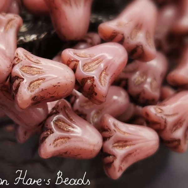 8 perles LILY 10 x 9 mm - soie rose avec bronze foncé - rare - perles premium des USA