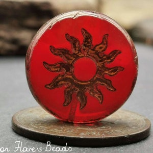 1 table cut coin pearl 23 mm SUN - red-orange (Ladybug) opal with bronze embossing PREMIUM - B_1016*