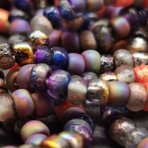 85+ pcs - 6/0 Rocailles Mix - STAR LIGHT - Indigo, Purple, Orange, Gold - etched - One strand 10 inches - approx. 25 cm - Rare - from the USA - R_59