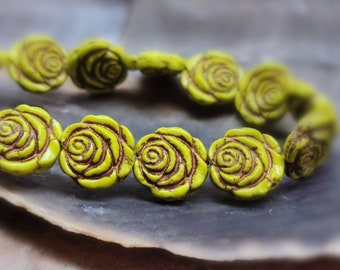 5 Rose Beads 14 mm - Bohemian Rose Blossoms - Double-Sided - Chartreuse Opaque with Old Patina - Pressed Beads - Flower Beads - B_1271