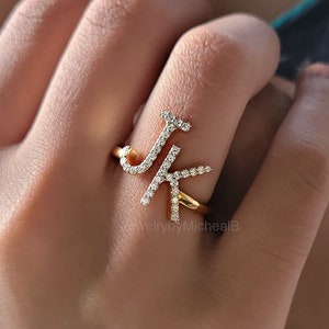 Personalized JK Initial Engagement Ring, 14K Yellow Gold Lab-Grown Diamond Wedding Ring, Vintage Bridal Jewelry, Anniversary Gift For Her