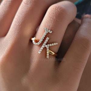 Personalized JK Initial Engagement Ring, 14K Yellow Gold Lab-Grown Diamond Wedding Ring, Vintage Bridal Jewelry, Anniversary Gift For Her