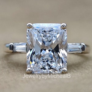 Radiant Cut Three Stone Moissanite Engagement Ring, 14K White Gold Tapered Baguettes Wedding Ring, Bridal Jewelry, Best Gift for Her