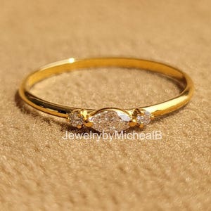 Marquise Lab Grown Diamond Engagement Ring, Minimalist Three Stone Promise Ring in Solid Gold, Modern Bridal Jewelry