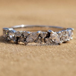 Round & Marquise Lab Grown Diamond Cluster Band, 14K White Gold Half Eternity Ring, Stackable Dainty Wedding Band, Gift for Her
