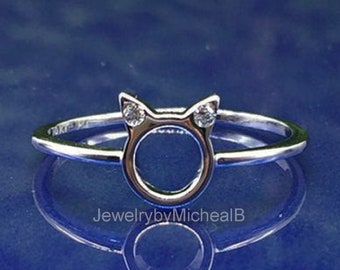 Anello gatto carino, anello con diamante coltivato in laboratorio a taglio rotondo, oro bianco 14K, anello solitario, anello proposto, anello delicato, piccolo anello con diamante per il regalo della mamma