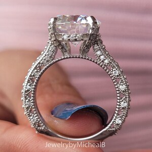 Round Cut Moissanite Engagement Ring, 14K White Gold Cathedral Set Ring Milgrain Set Wedding Ring, Antique Pave Bridal Ring Anniversary Ring
