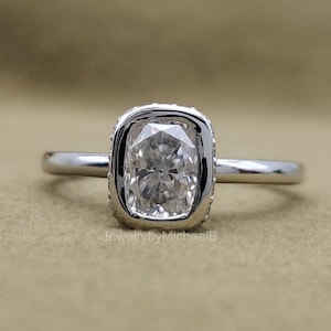 Unique Elongated Cushion Cut Moissanite Ring, 14K White Gold Rings, Hidden Halo Engagement Rings, Wedding Jewelry, Dainty/Womens day gifts