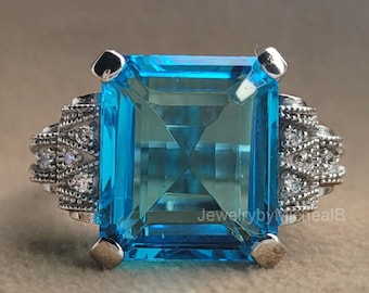 14.32 Ct Emerald Cut Aquamarine Vintage Ring In White Gold Milgrain Set Solitaire Engagement Ring Art Deco Aquamarine Ring For Women