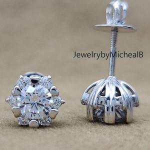 Floral Moissanite Diamond Stud Earrings, 14k White Gold Cluster Studs, Screw Back Sparkling Studs, Dainty Flower Earring, Gift for Her