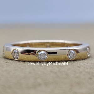 Unique Flush Set Eternity Band, Round Cut Colorless Moissanite Wedding Band, 14K White Gold Eternity Stacking Band, Bridal Promise Band