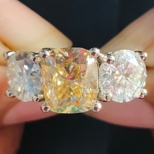Three Stone Yellow Cushion Cut Moissanite Wedding Ring, Oval Cut Side Stones Engagement Ring, 14K White Gold Bridal Jewelry, Gift for Her