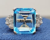 Aquamarine Emerald Cut Vintage Ring, Art Deco Two Tone Style, Aqua Blue Engagement Ring, Anniversary Gift For Your Queen