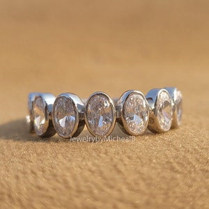 Bezel Set Oval Cut Moissanite Wedding Band, Minimalist Anniversary Band, Unique Gold Jewelry For Girlfriend, Oval Cut Stacking/Matching Band