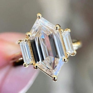 1.95 Ct Dutch Hexagon Cut Ring, Colorless Hexagon Moissanite Ring, Three Stone Engagement Ring, 14k White/Yellow Gold, Women's Accessories