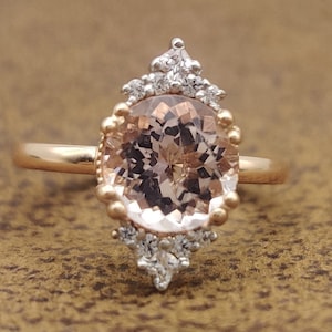 14K Rose Gold Round Portuguese Cut Diamond Engagement Ring, Morganite Wedding Ring, Bridal Jewelry, Anniversary Gift For Her