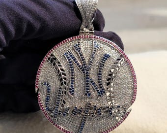 New York Yankees Pendant White Blue Round Cut Diamond Pendant