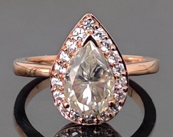 Anello di fidanzamento in Moissanite con taglio a pera da 9x6 mm, Oro rosa 14K, Anello nuziale Halo, Anello solitario impilabile, Regali per l'anniversario, Saldi per la festa della mamma