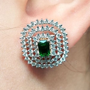 Green Emerald Cut Triple Halo Stud Earrings, 14K Gold Layered Diamond Cluster Earrings, Statement Bridal Jewelry, Anniversary Gift for Her