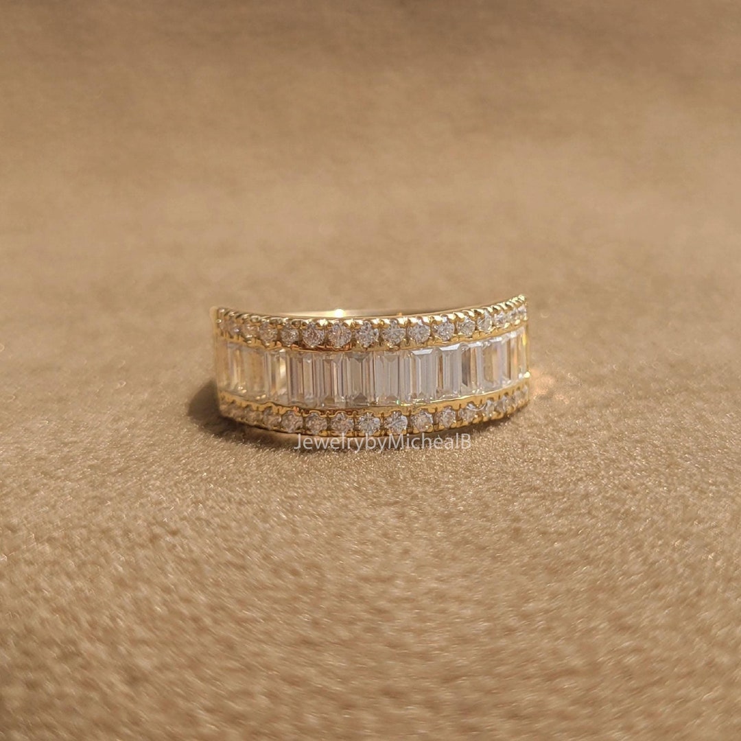 Handmade Baguette and Round Cut Diamond Band, 14k Gold Half Eternity ...