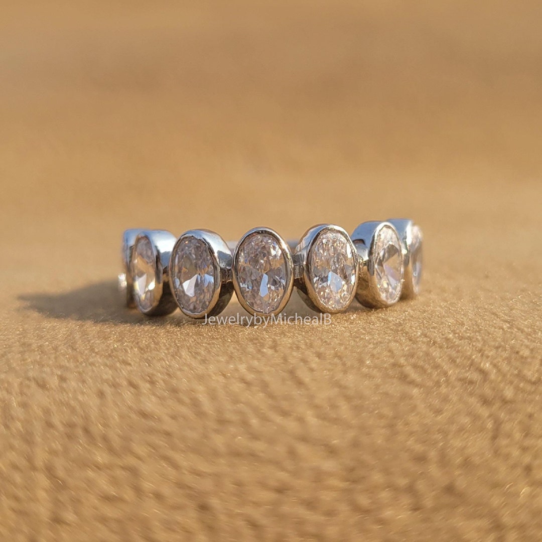 Oval Cut Moissanite Bezel Set Wedding Band, 14K White Gold Half ...