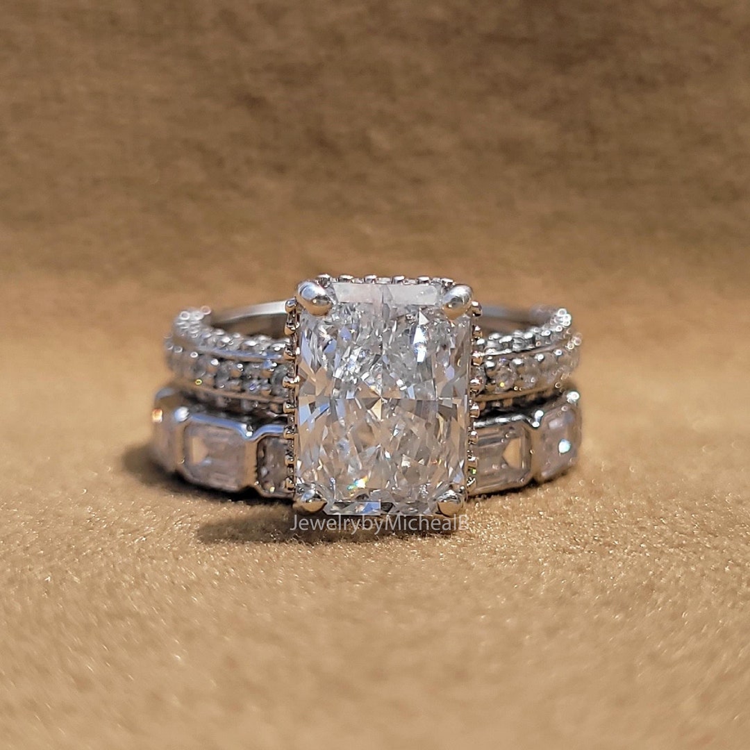 14k White Gold Bridal Set, Radiant Cut Moissanite Wedding Ring Set ...