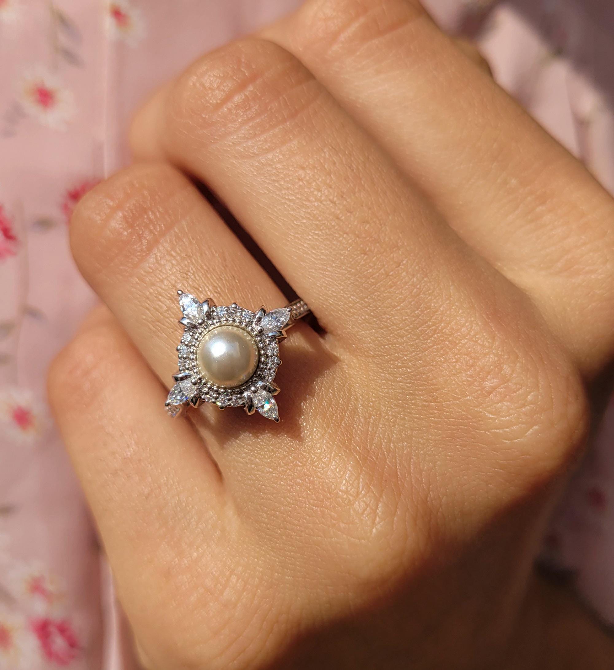 Vintage Pearl Engagement Ring, 925 Silvera Marquise Diamond Halo