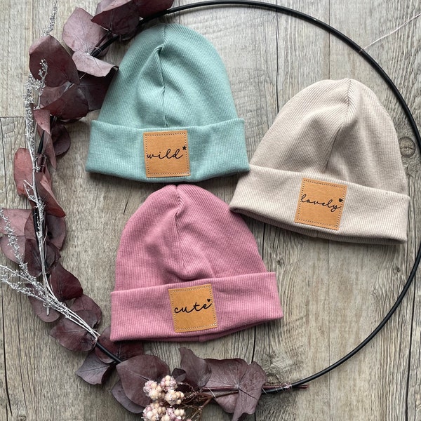 Statement Hipster Beanie in beige, mint  und altrosa für Babys, Kinder und Erwachsene