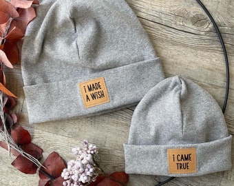 2 Hipster Beanies im Partnerlook für Eltern und Kind mit Aufdruck i made a wish / i came true