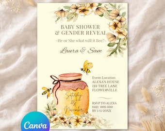 Editable Honey Bee Baby Shower & Gender Reveal Invitation — 5x7 inch Canva template you can personalise in minutes. Print or send digitally.