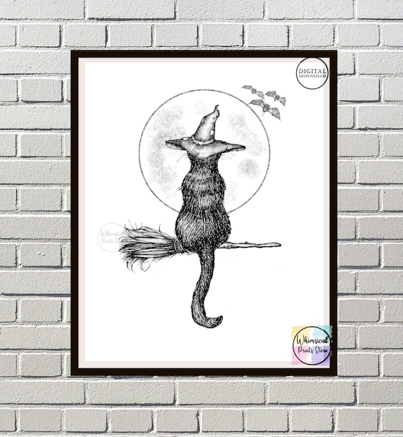 Witch Cat Halloween Print - Black Cat on Broomstick Wall Art  - Printable Spooky Decor - Halloween Decor - Halloween print-Digital Download