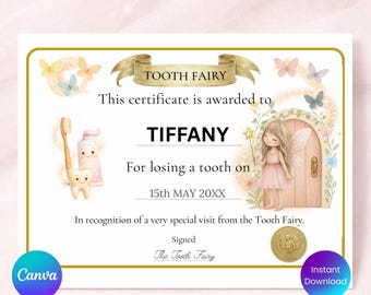 Official Tooth Fairy Certificate Printable, Editable in Canva, Magical Tooth Fairy Keepsake for Kids, Instant  Download