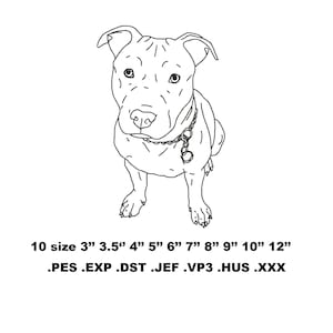 May include: Line drawing of a dog with a collar and tag. The text below the dog reads: 10 size 3" 3.5" 4" 5" 6" 7" 8" 9" 10" 12" .PES .EXP .DST .JEF .VP3 .HUS .XXX