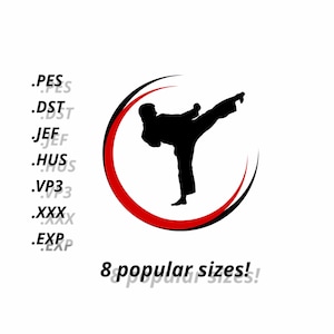 Może przedstawiać: Sylwetka osoby w pozie sztuk walki, kopiącej z czerwonym i czarnym okręgiem wokół niej. Tekst "8 popular sizes!" znajduje się pod okręgiem.