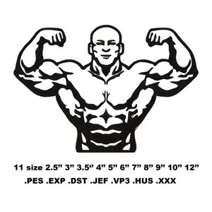 Op de afbeelding: Zwart-witte lijntekening van een gespierde man die zijn biceps buigt. De afbeelding bevat de tekst "11 size 2.5" 3" 3.5" 4" 5" 6" 7" 8" 9" 10" 12" .PES .EXP .DST .JEF .VP3 .HUS .XXX".