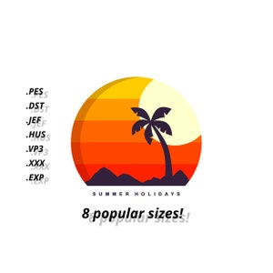 Può includere: Un'illustrazione stilizzata di una palma su una spiaggia con un tramonto sullo sfondo. Il testo "SUMMER HOLIDAYS" e "8 popular sizes!" sono sotto l'immagine.