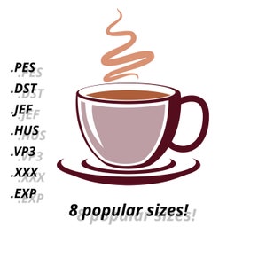 Puede incluir: Una taza de café marrón con vapor saliendo de ella, sentada sobre un platillo. El texto "8 popular sizes!" está debajo de la taza.