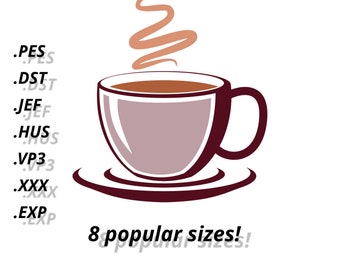 A Cup Of Coffee - Machine Embroidery Design.  Format pes vp3 jef Hus dst exp xxx. 7 sizes. Digital product!